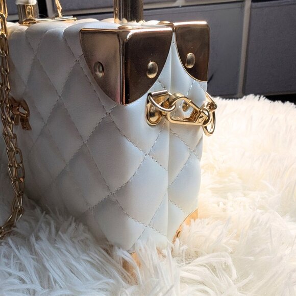 New White Quilted Vegan Leather Mini Trunk Handbag - Convertible Crossbody - Picture 5 of 9